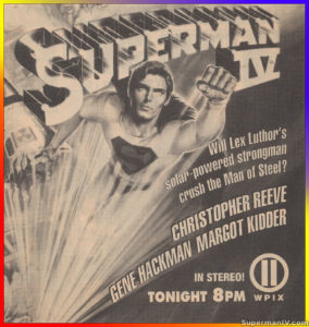 SUPERMAN IV- TV Guide WPIX ad. May 17, 1990, 8-10pm. New York, U.S.