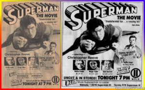 SUPERMAN THE MOVIE- TV Guide and cable guide WPIX ad. May 14, 1990, 7-10pm. New York, U.S.