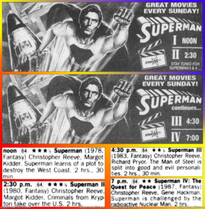 SUPERMAN THE MOVIE, SUPERMAN II, SUPERMAN III, SUPERMAN IV- WSTR ad. February 26, 1995.